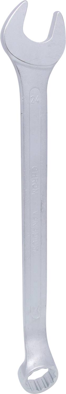 A silver spanner with open and ring-ended designs for use in mechanical work.