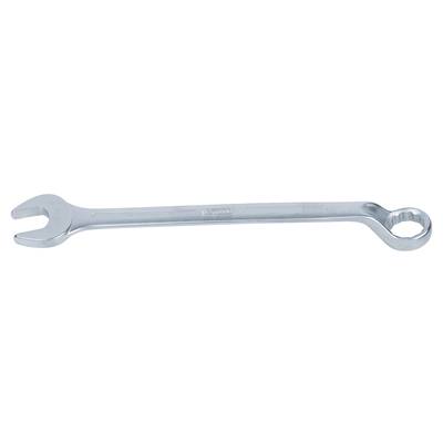 A silver spanner with an open and a ring end, a typical tool for tightening or loosening bolts and screws.