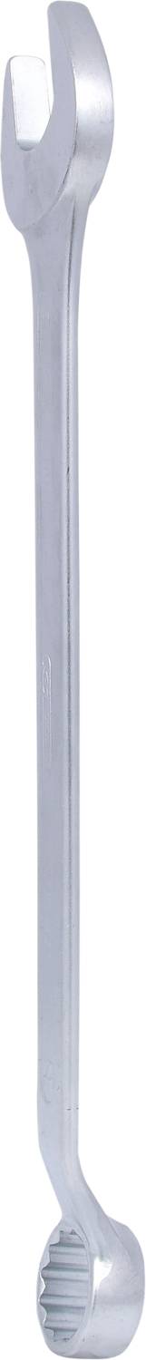 A silver spanner with an open and a curved end.