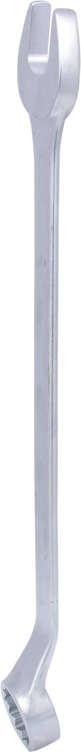 A chrome-plated two-way spanner with an open and a straight jaw at its respective ends.