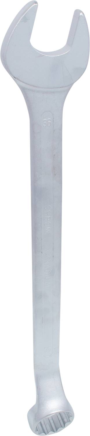 A silver spanner with an open-ended and ring-end side, standing in a vertical orientation.