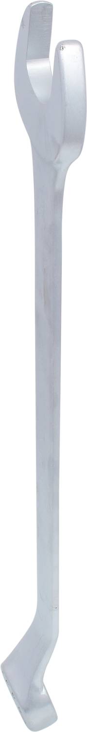 A silver-coloured flat pry bar, a tool used for lifting, levering, or removing nails.