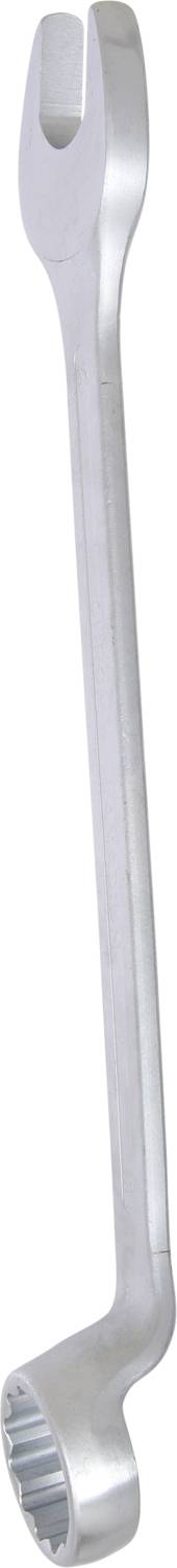 A silver double-ended spanner with an open and a ring-shaped side, used for tightening or loosening nuts and bolts.