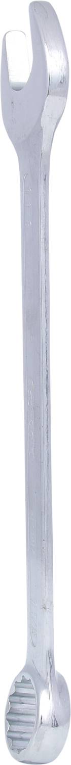 Metal spanner with open and closed ends, used for tightening or loosening nuts and bolts.