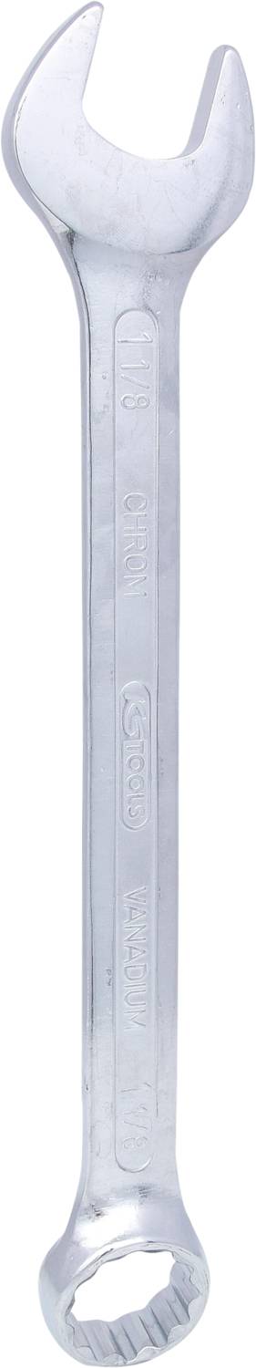 A silver spanner with an open-ended and a ring-ended head, positioned vertically.