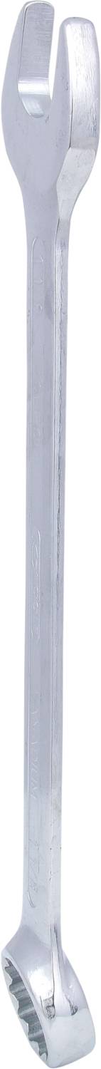 A silver, adjustable spanner with a closed and an open end for working with different screw sizes.