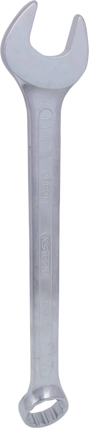 A silver spanner with an open-ended and ring-ended design, suitable for tightening or loosening screws and nuts.