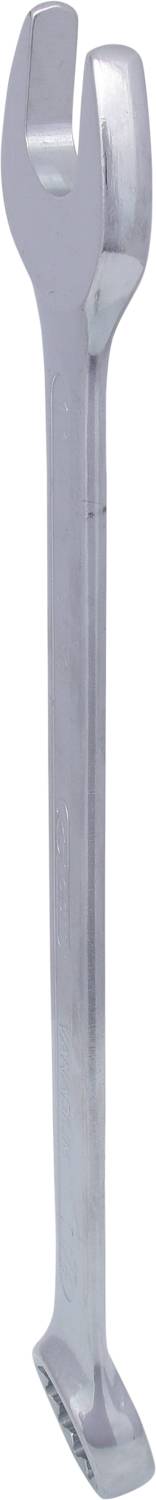 A silver-coloured metal spanner, positioned vertically, with an open cut-out for tightening screws.