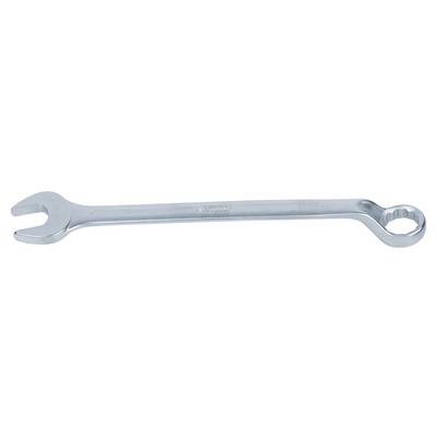 A silver adjustable spanner with an open and a ring spanner end lies horizontally. Suitable for mechanical work.