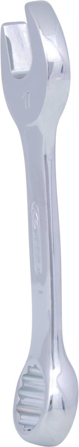 Silver double-ended spanner with two ends: one open-ended and one ring-ended. Tool for screw and bolt work.