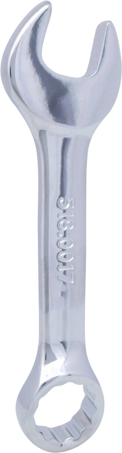 A silver spanner with an open and a ring end.