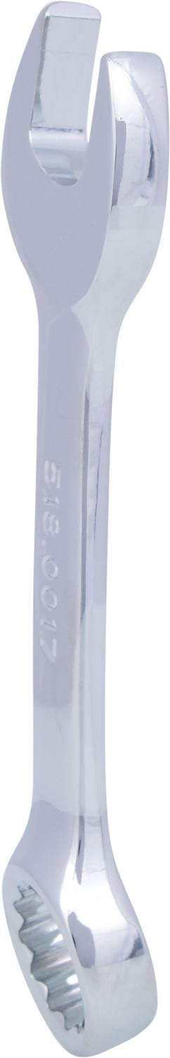 A silver, gleaming metal spanner with an open-ended jaw and a ring key opening at the other end.