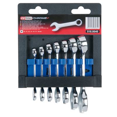 A spanner set with nine chrome-plated spanners in various sizes, held in a blue plastic holder.