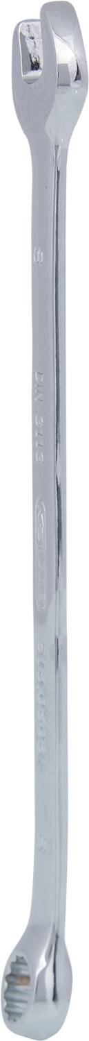 A silver, double-ended spanner with open and closed heads, viewed head-on. Essential tool for repairs.