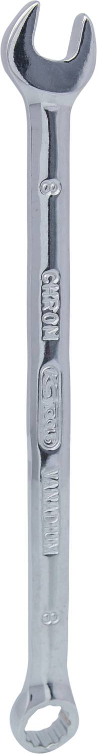 A silver spanner with an open-end and a ring end. Suitable for tightening or loosening bolts.