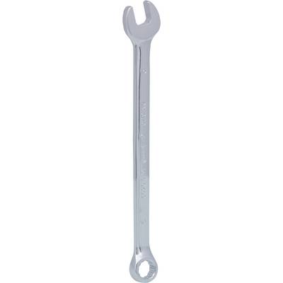 A silver spanner with an open-ended and ring-ended design, suitable for tightening or loosening screws and nuts.