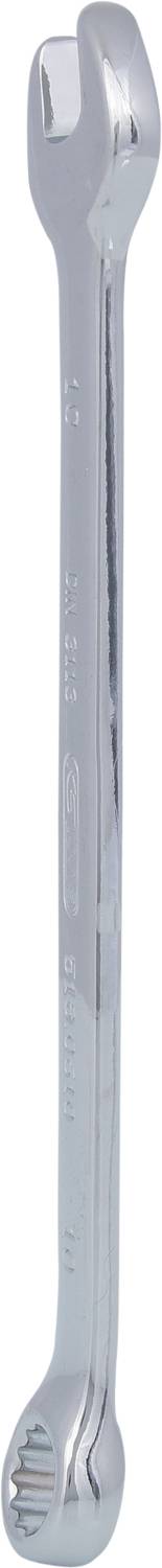 A silver, double-ended ring spanner with an open and a closed hexagonal opening, in a vertical orientation.