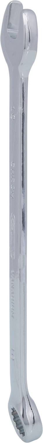 Metal spanner with an open-end and ring spanner side, used for tightening nuts and bolts.