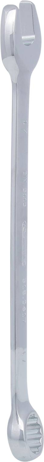 A silver spanner with an open-end and ring-end, suitable for various screw sizes.