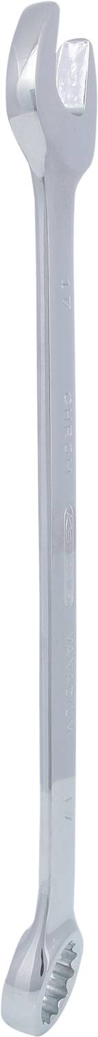 A chrome-plated double open-ended spanner used for tightening or loosening hexagonal and square-headed bolts.