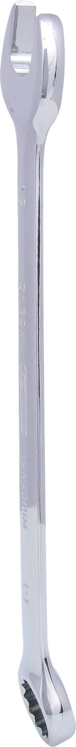 A silver open-end spanner, vertically positioned, shows the open jaw area facing upwards, on a white background.