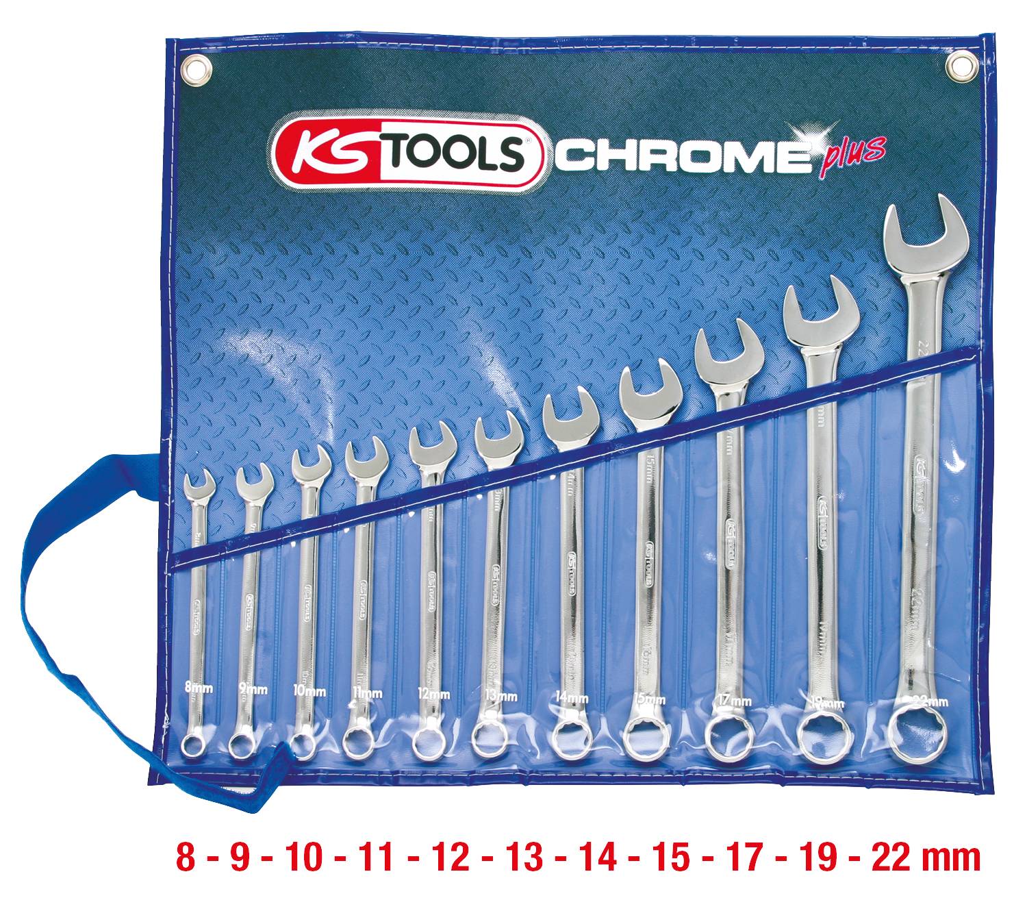 'Set of 12 ring spanners in various sizes from 8 to 22 mm in a blue carrying bag with the inscription "KS TOOLS CHROME plus".'
