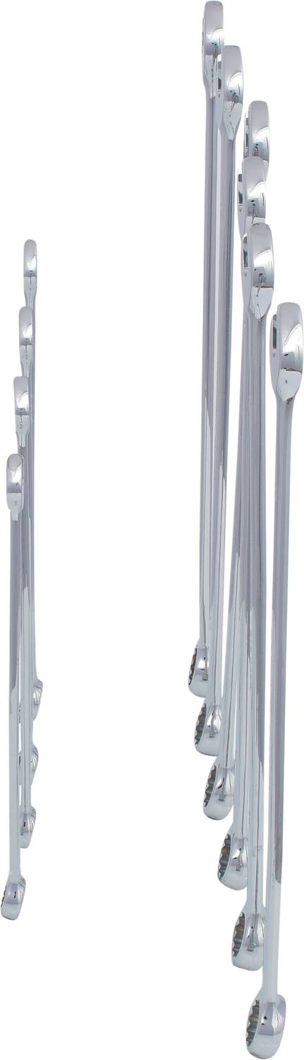A group of chrome-plated double-ended spanners in various sizes, arranged side by side and partially overlapping.