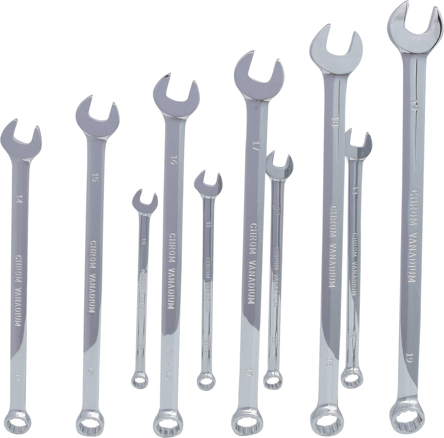 Eight silver spanners of various sizes, lined up side by side. Smaller ones on the left and larger ones on the right.