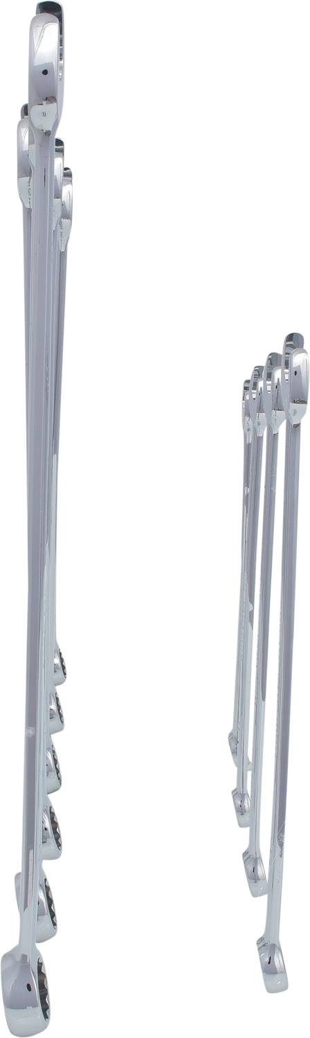 Several silver ratchet ring spanners are arranged in a descending order, increasing in size from left to right.