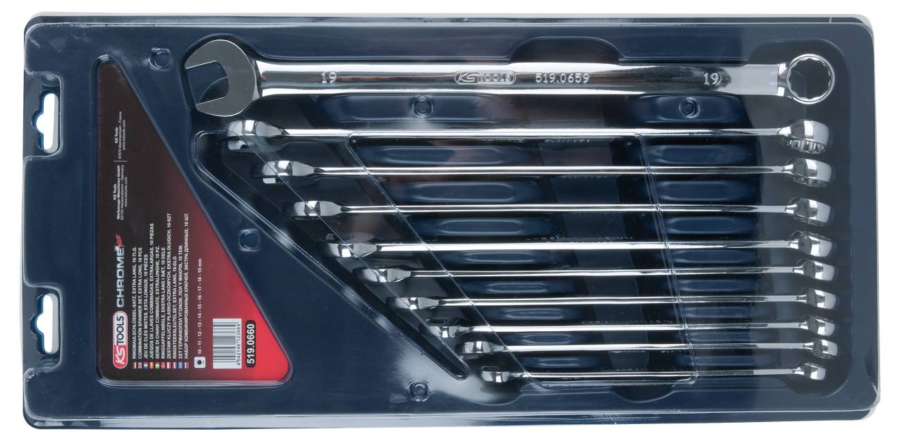 A set of chromed spanners in various sizes, neatly arranged in a blister pack, ready for sale.