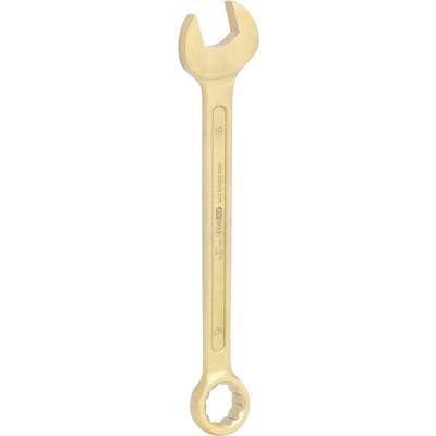 A gold-plated ring spanner in size 19, with an open and a ring-shaped side, suitable for screw work.
