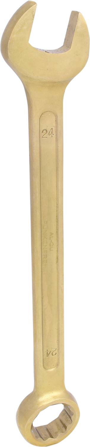 A golden adjustable spanner with an open-ended jaw at the top and a ring spanner at the bottom.