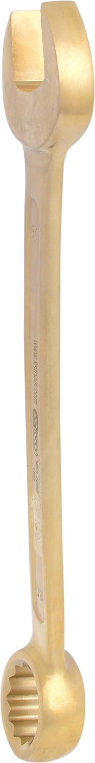 A gold-coloured spanner with an angled end, suitable for heavy-duty work.