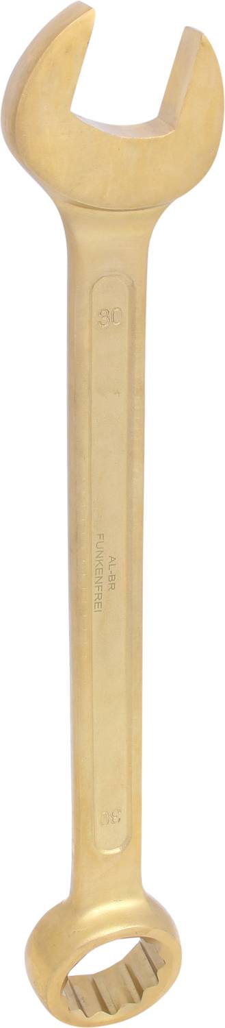 A gold-coloured spanner with an open-ended and ring-ended design, commonly used for tightening or loosening screws.