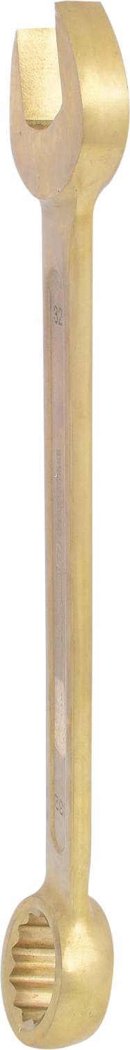 A gold-coloured open-ended spanner with two different sized ends.