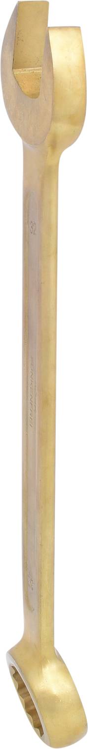 A golden adjustable spanner with a double hexagon head, suitable for rounded edges or large tools in a workshop.