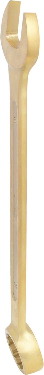 A golden open-ended spanner suitable for gripping and turning nuts and bolts.