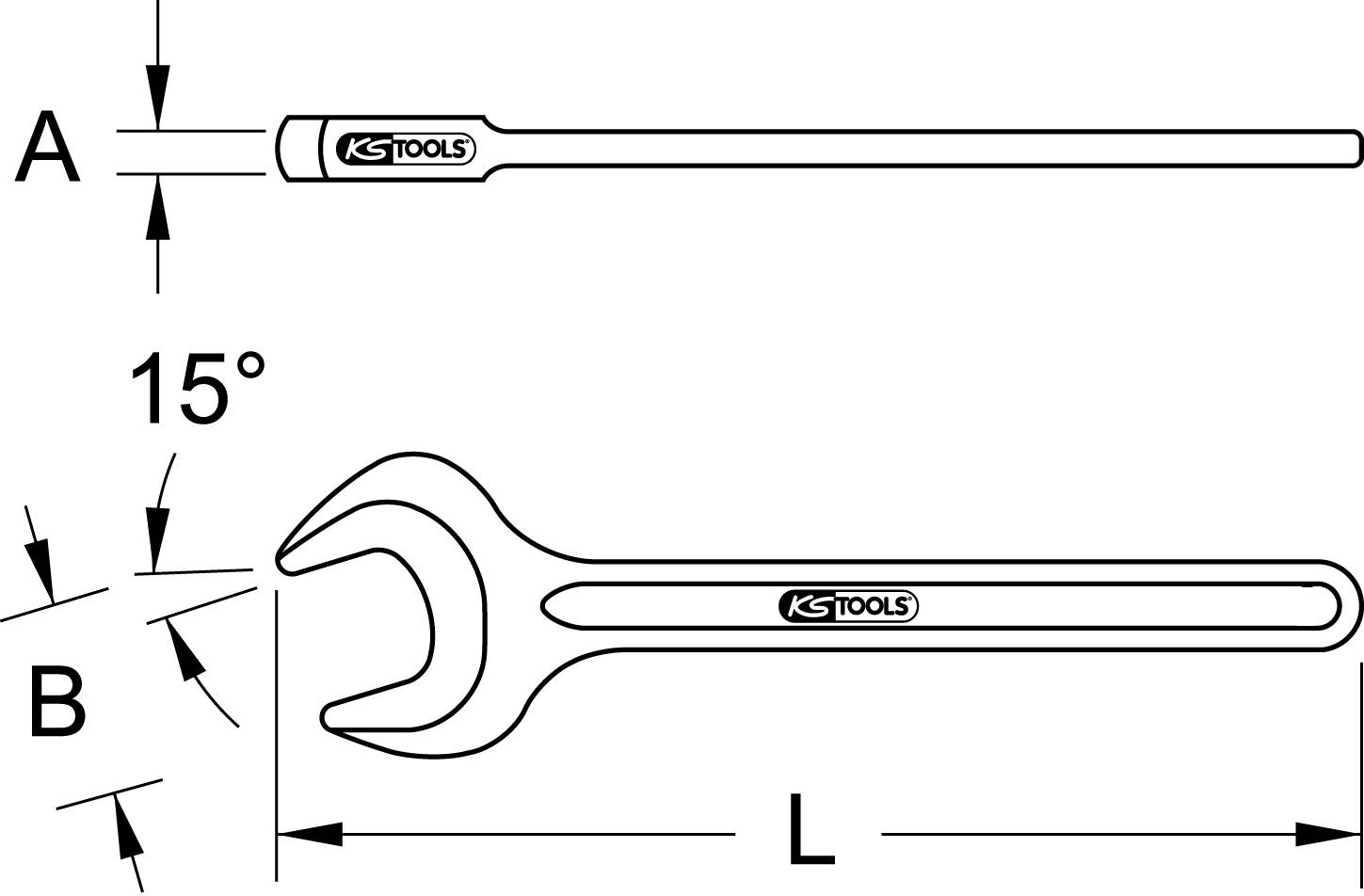 'Illustration of an adjustable wrench with a 15-degree angled opening, marked with dimensions L, A and B. The KS Tools logo is visible.'