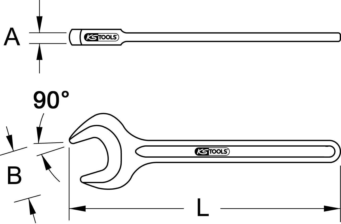 'Spanner with 90-degree angled head. Dimensions: A and B as jaw width, L as overall length. Brand: KS Tools.'