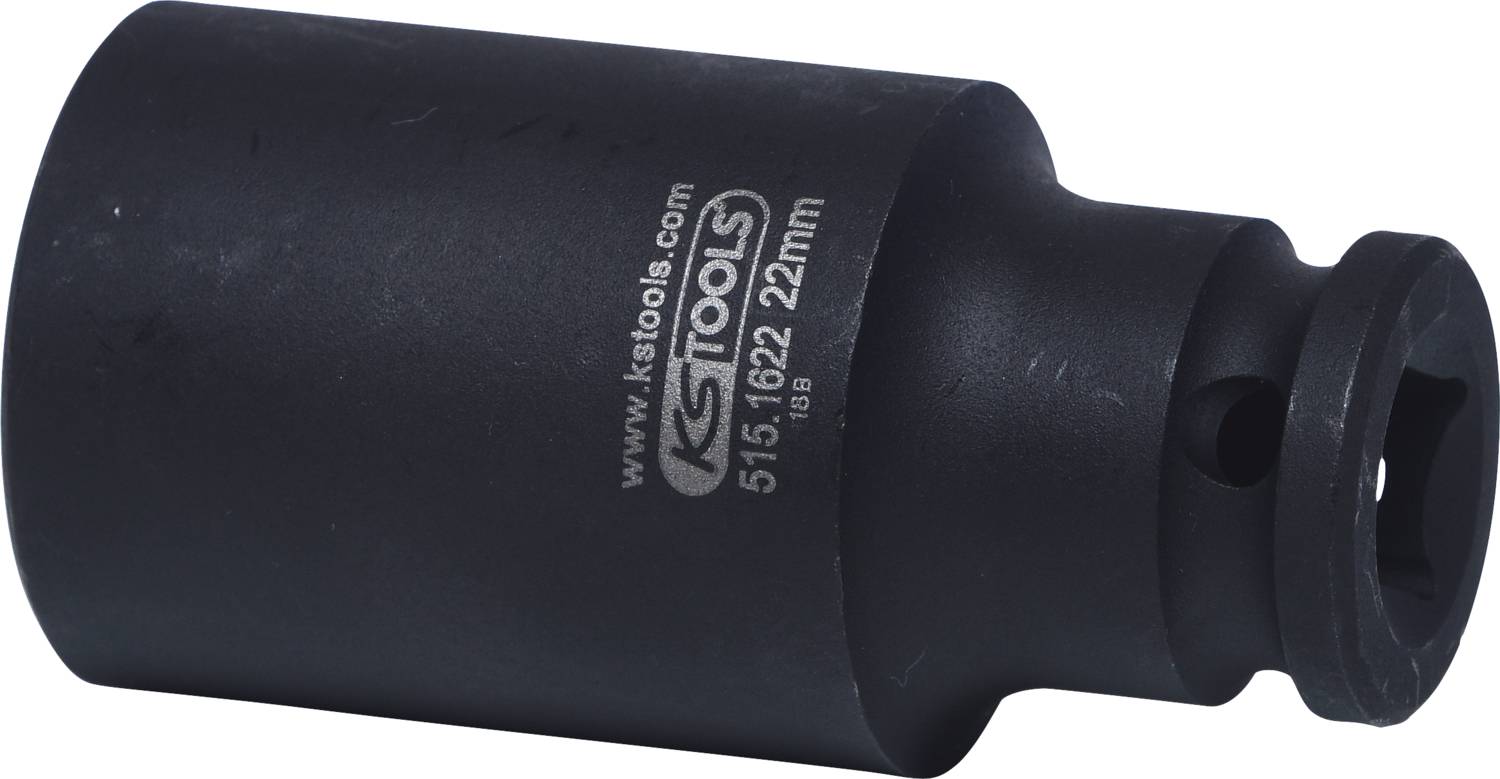 Black socket wrench, marked with 'Kstools 515.1622 22mm'. Tool for screw fastening, cylindrical in shape.