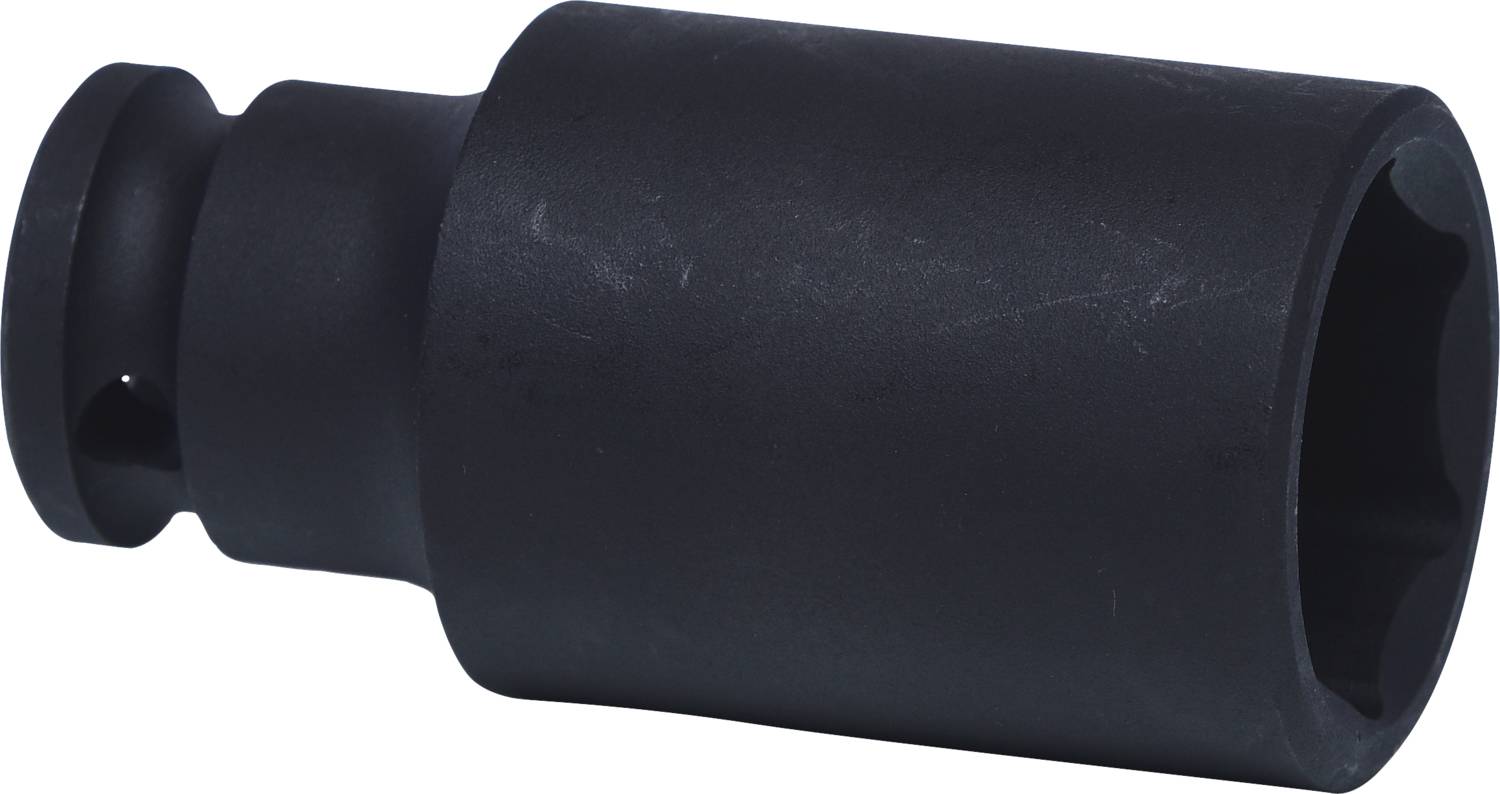 A black hexagonal socket extension, cylindrical and made of metal, is used for loosening screws.