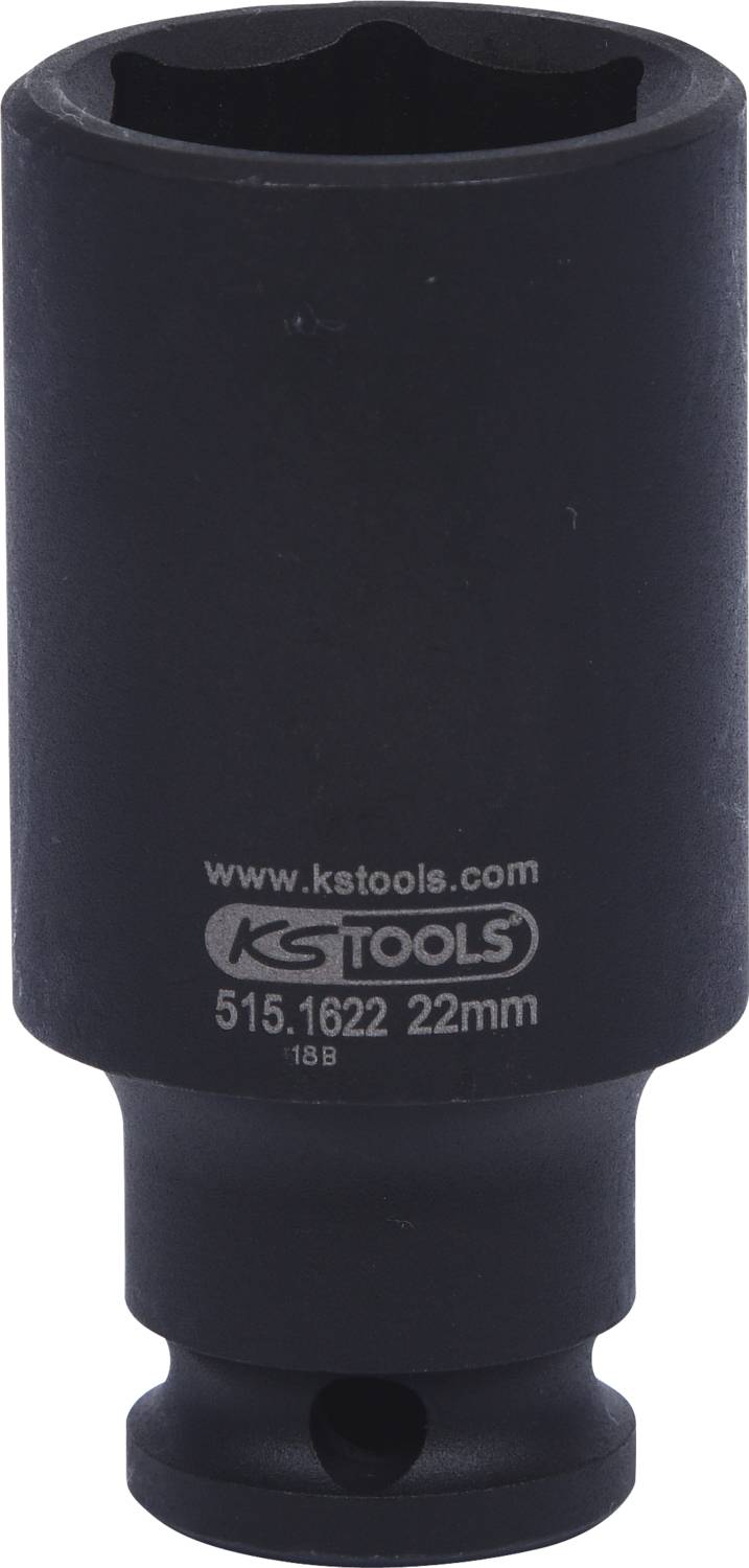 Black KS Tools socket with inscription 'www.kstools.com 515.1622 22mm', used for screw work.