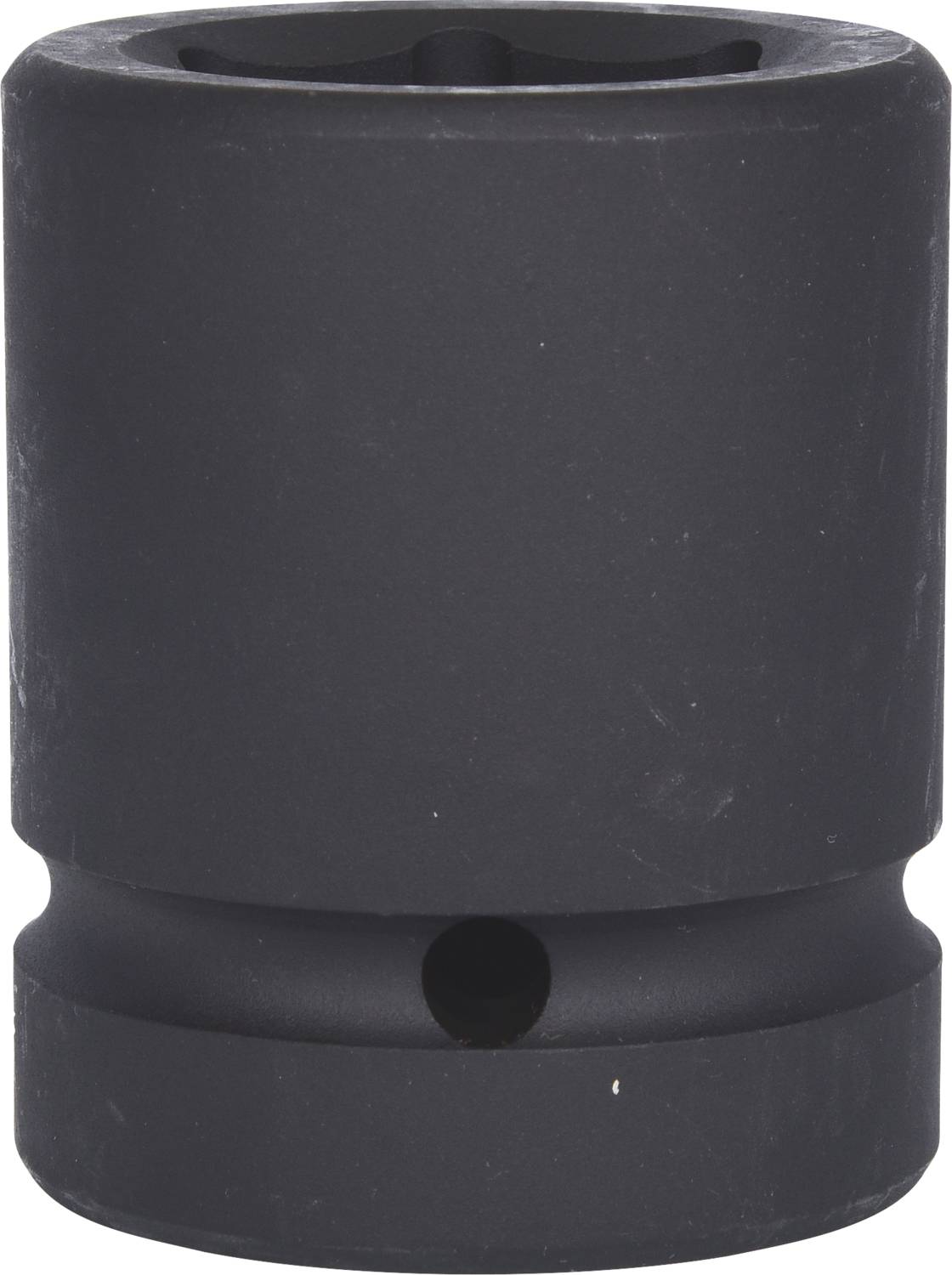 A black socket for a socket wrench, cylindrical in shape, with an opening to accommodate screws or nuts.