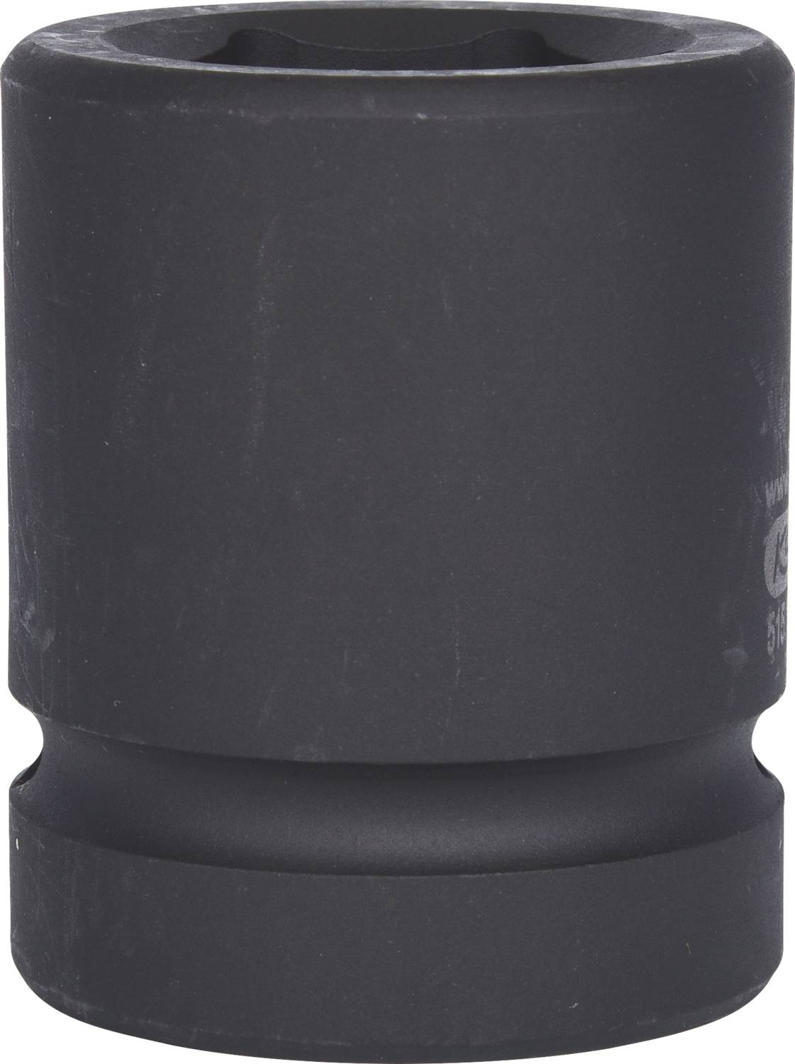 A black socket, cylindrical in shape, made of metal, used for tightening screws or nuts in mechanical applications.