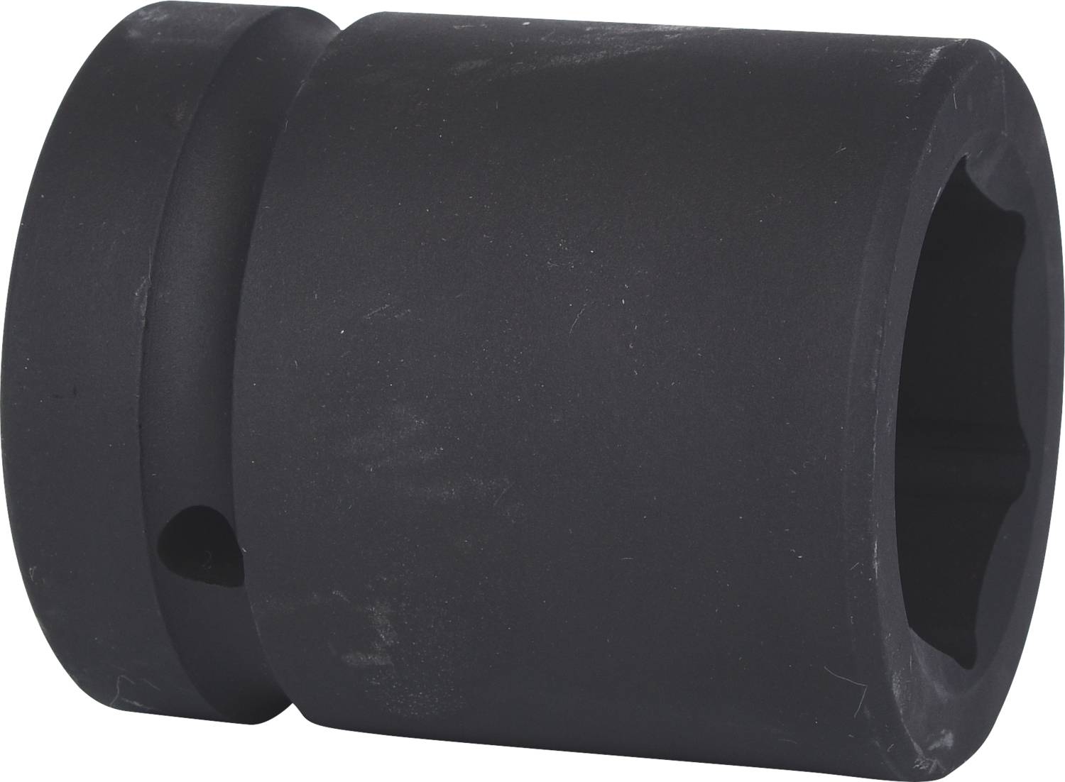 A black, cylindrical metal adapter with a hexagonal opening, used for securing tools or parts.