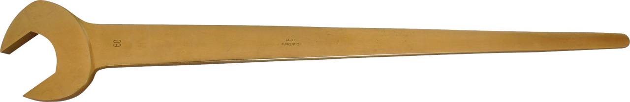 A large, gold-coloured spanner with an open-ended jaw on the left. Used for tightening screws and nuts.