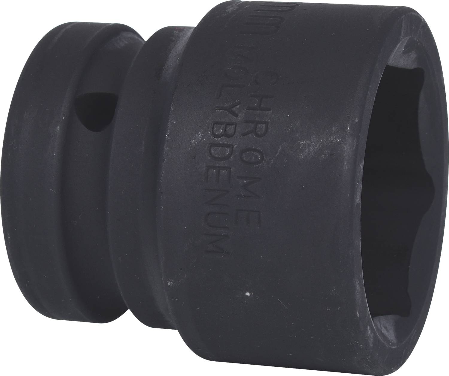 A black steel socket made from chrome-molybdenum steel with a hexagonal opening, primarily suitable for use with pneumatic screwdrivers.