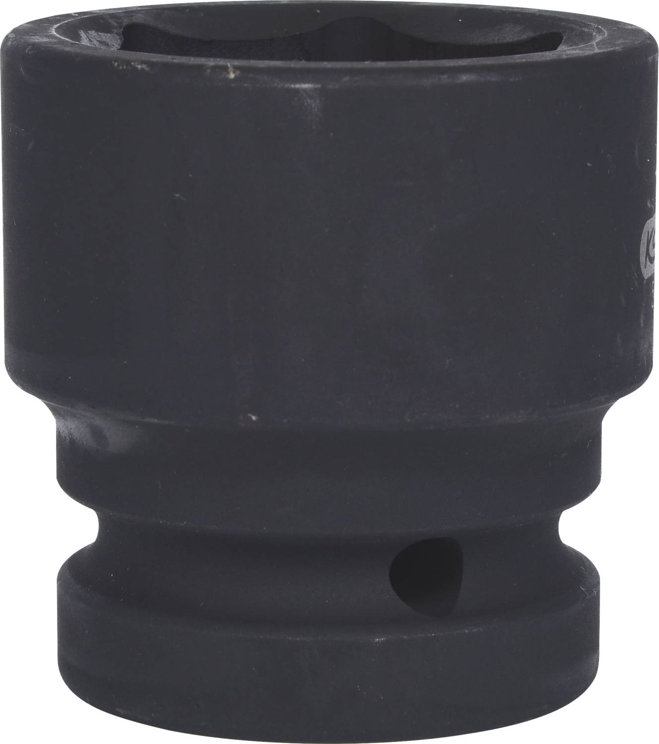 A black, cylindrical metal component with a ribbed lower section, possibly a socket key receiver, on a white background.