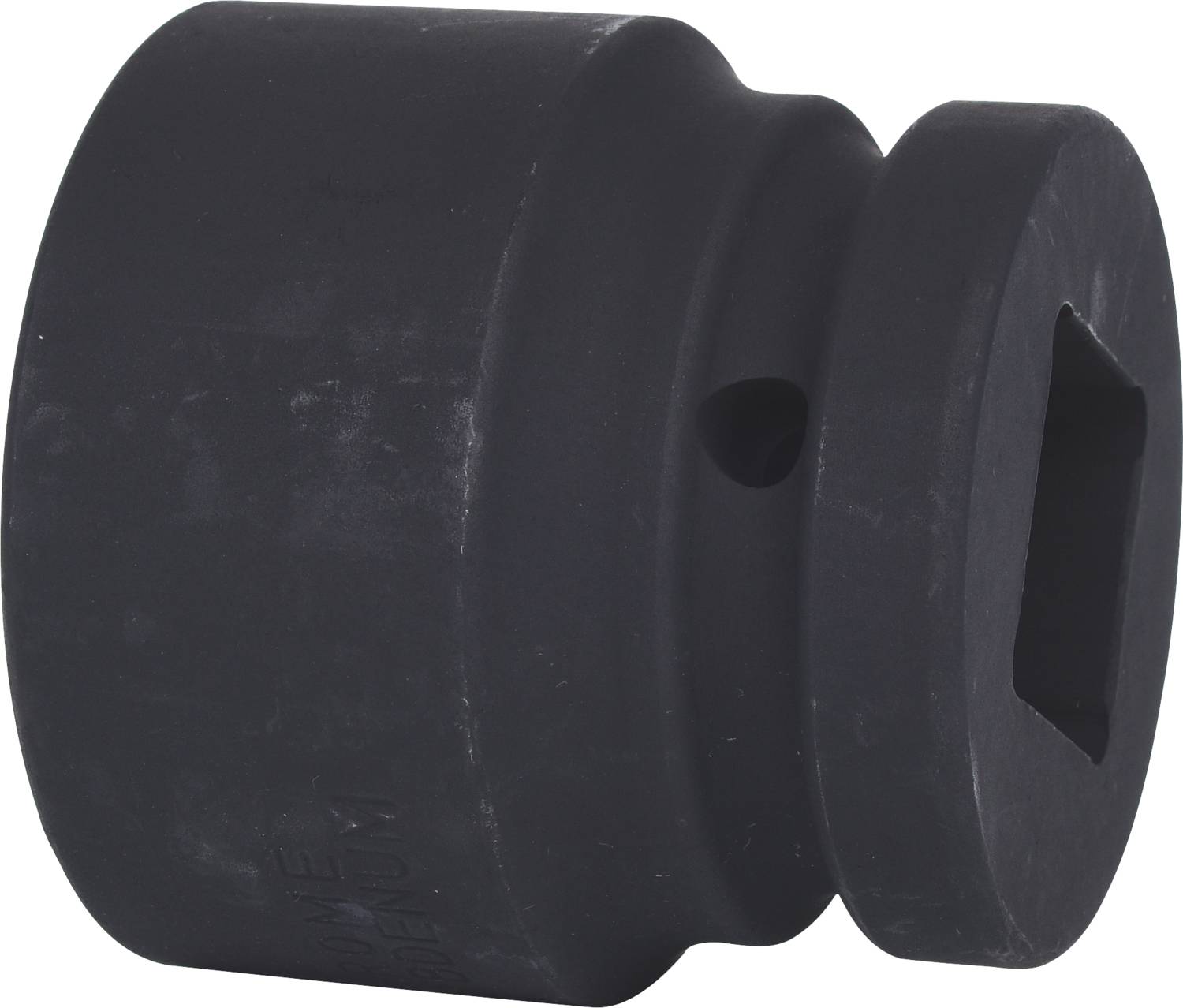 A black metal sleeve with a square hole on one side and a round shape on the other. Suitable for tools.