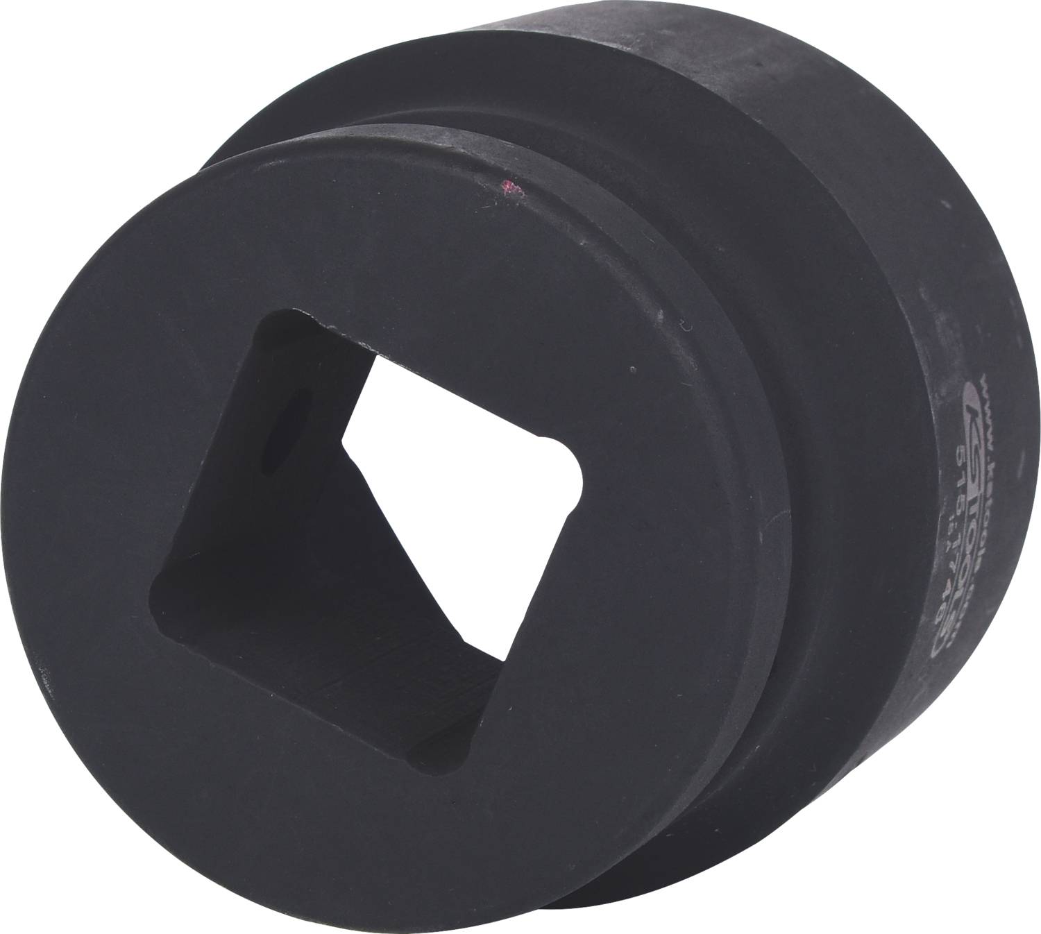 A black metal tool with a square opening in the middle, possibly an adaptor or socket spanner.